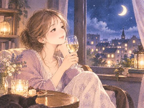 窓辺でひとり静かにお酒を飲む女性