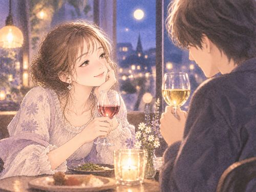 好きな人と向かい合ってお酒を飲む女性