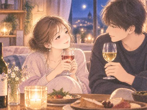 親しい二人が穏やかにお酒を飲む場面
