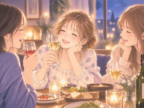 友人たちと笑顔でグラスを囲む女性