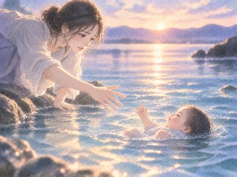 幻想的な水辺の赤ちゃんを見守る大人