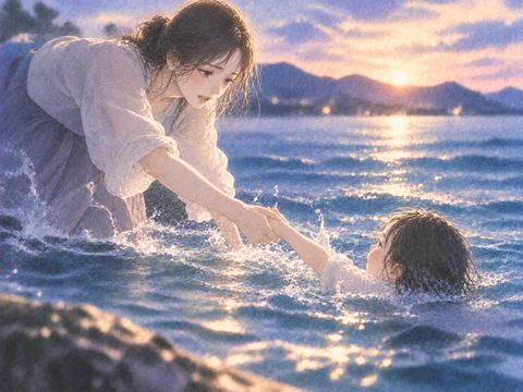 水の中の子供を引き寄せようとする大人