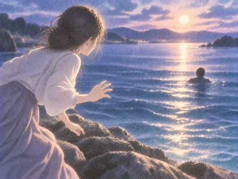 水面の見知らぬ人を見つめる人物