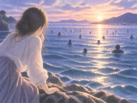 広い水面に複数の人影を見つめる人物