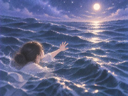 広い夜の海で水面へ手を伸ばす人物