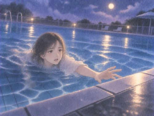 夜のプールで縁へ手を伸ばす人物
