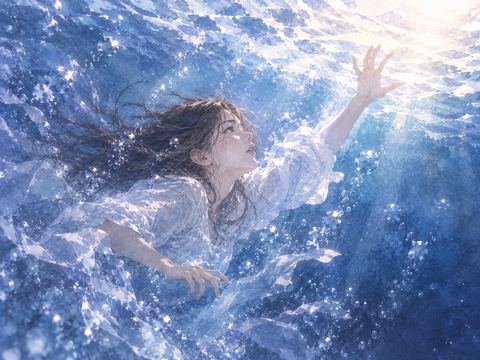 水面へ向かって懸命に手を伸ばす人物