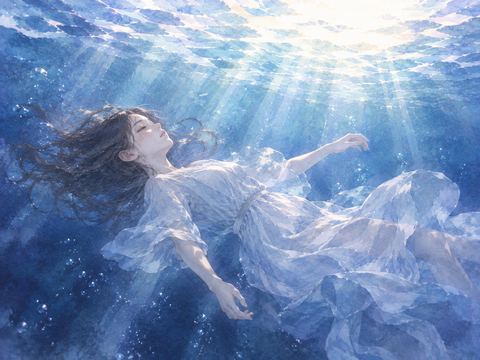 静かな水中に落ち着いて浮かぶ人物