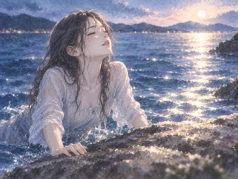水から上がり岸辺で安堵する人物
