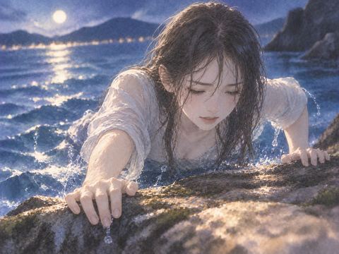 自分の力で水辺の縁へ上がる人物