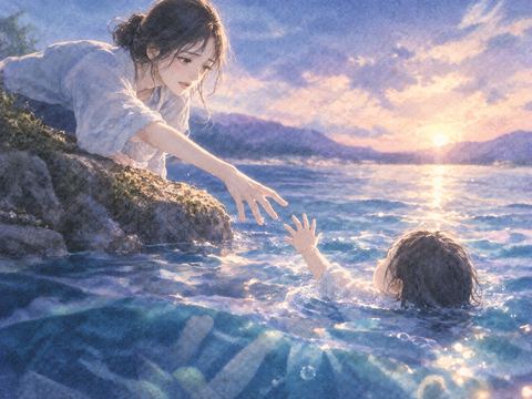 水中の子供へ心配そうに手を伸ばす親