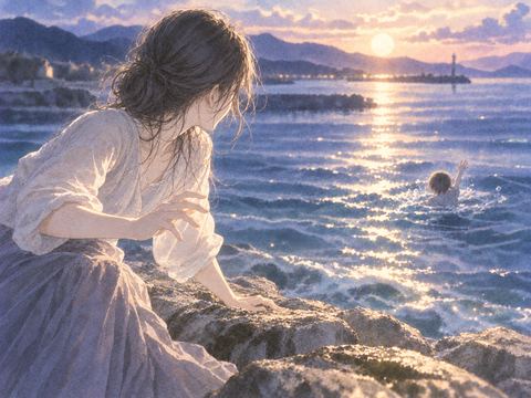 水辺で見知らぬ子供に気づく人物