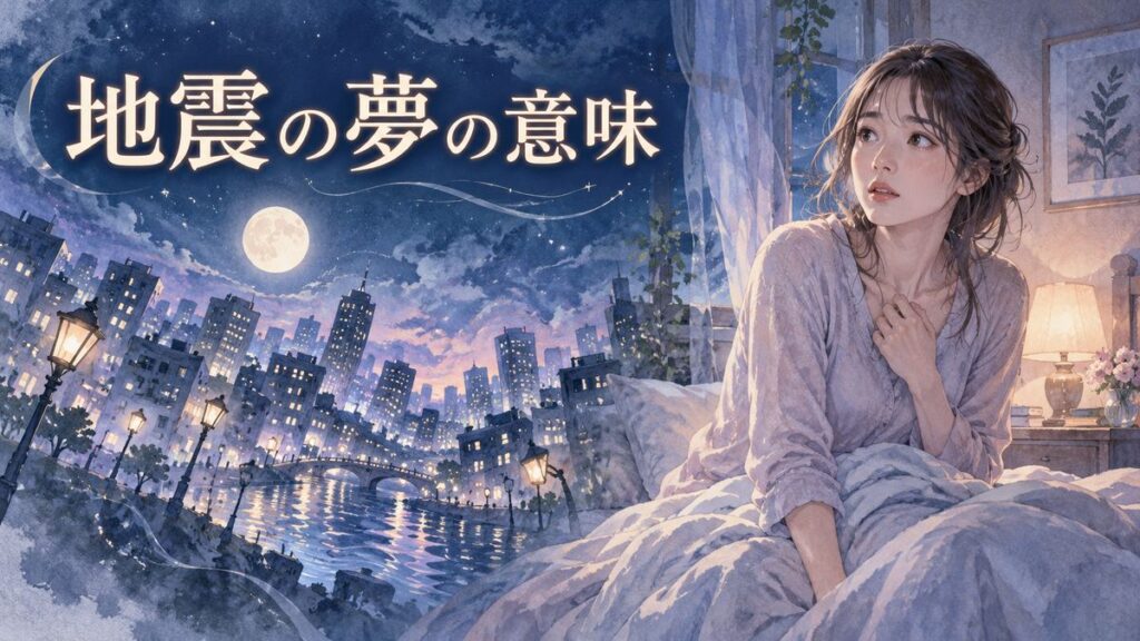 夜の部屋で目覚めた女性と、夢の中で揺れる街並み