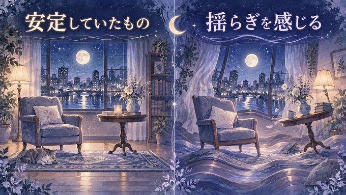 安定した足元と揺らぐ足元を並べた夢のイメージ図