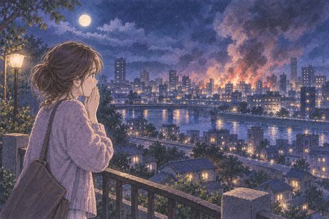 地震のあと遠くに火が広がる夜の街