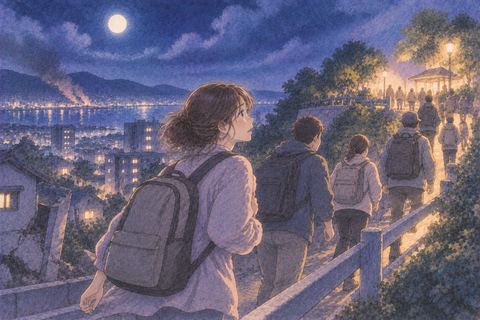 夜に安全な高台へ避難する人物たち