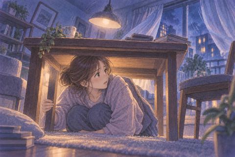 揺れる部屋で机の下に身を寄せる人物