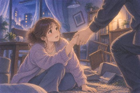 揺れる中で手を差し伸べられる人物