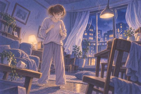 揺れる部屋で立ちすくむ人物