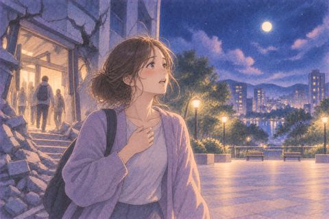 揺れる場所から安全な場所へ出てほっとする人物