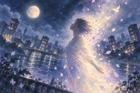 揺れる夜景の中で人影が淡い光へ溶けていく夢の場面