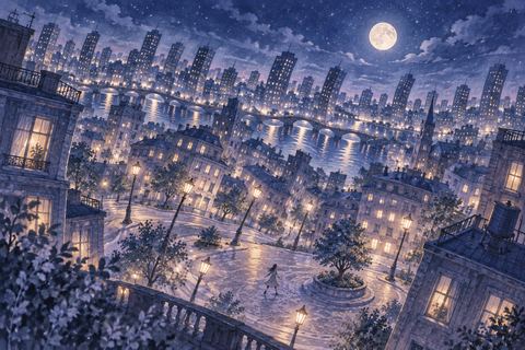 夜の街全体が大きく揺れる夢の場面