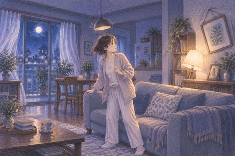 夜の自宅で揺れを感じる大人の人物