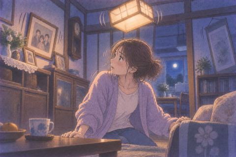 昔ながらの実家が揺れるのを見つめる人物