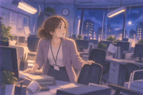 夜の職場で揺れを感じる人物