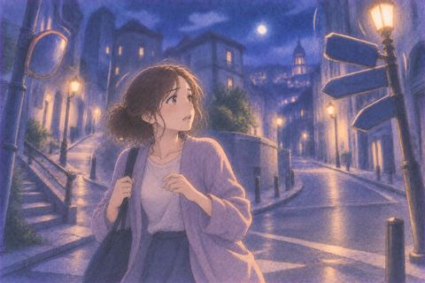 見知らぬ夜の街で地震に戸惑う人物