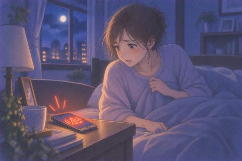 夜の部屋で鳴るスマートフォンを見つめる人物