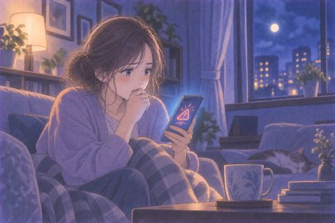 警報画面を見ながら揺れを待つ人物