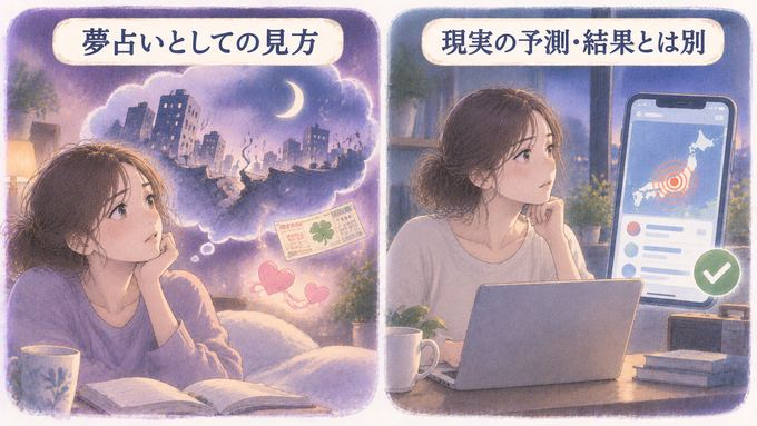 地震の夢のイメージと現実の地震情報を分けて示す図