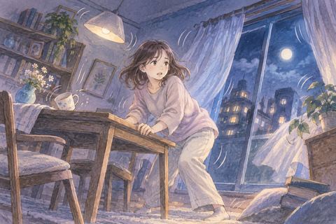 強い揺れの中で家具につかまる人物
