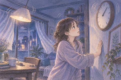 長く続く揺れの中で時計を見る人物