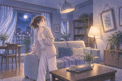 夜の自宅が揺れる中で室内を見回す人物