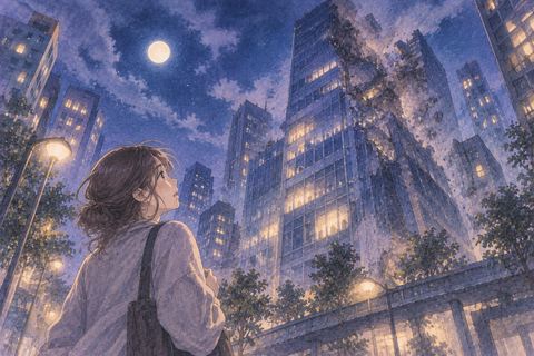 夜のビルが崩れかけるのを見上げる人物