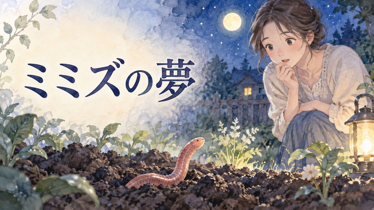 夜の庭でミミズを見つめる大人の女性