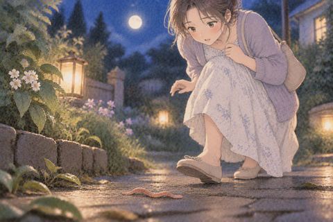 足元のミミズに気づいて戸惑う女性