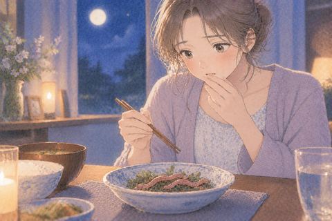 食卓のミミズを前に戸惑う女性