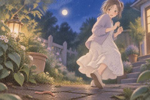 ミミズから距離を取って逃げる女性
