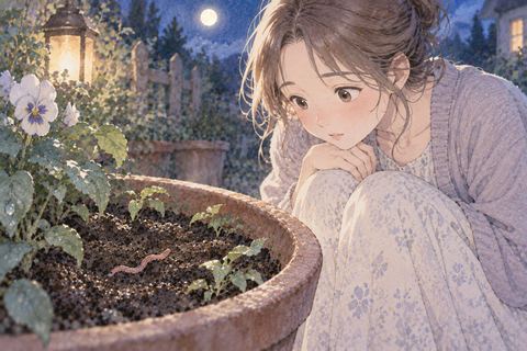 小さなミミズを静かに見つめる女性