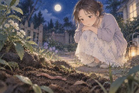動かないミミズを静かに見つめる女性