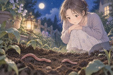 離れた二つのミミズの姿を見つめる女性