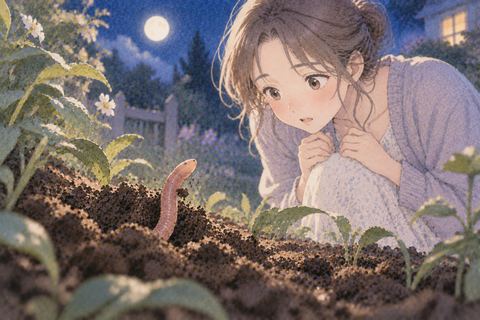 土の中から現れるミミズを見る女性
