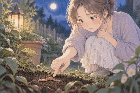 指先でミミズに触れようとする女性