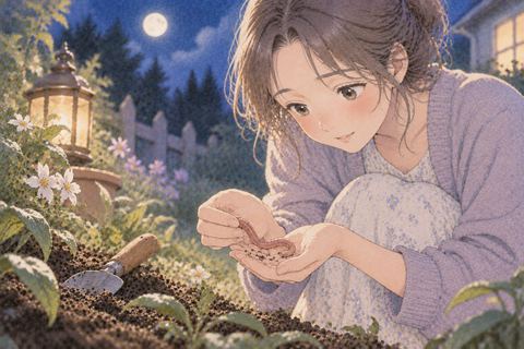 ミミズをそっと手に取る女性