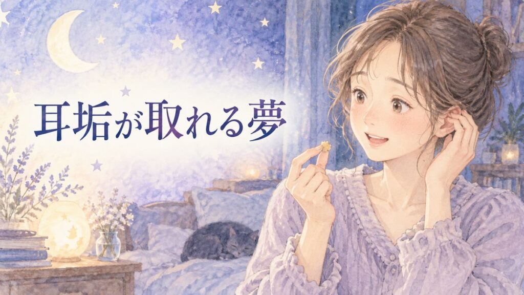 夜の部屋で耳元に触れ、取れた耳垢を見てほっとする女性