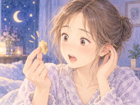 大きな耳垢が取れて驚きながら見つめる女性