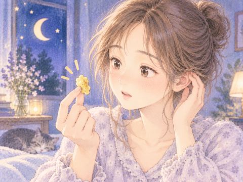 淡い黄色の耳垢が取れて見つめる女性